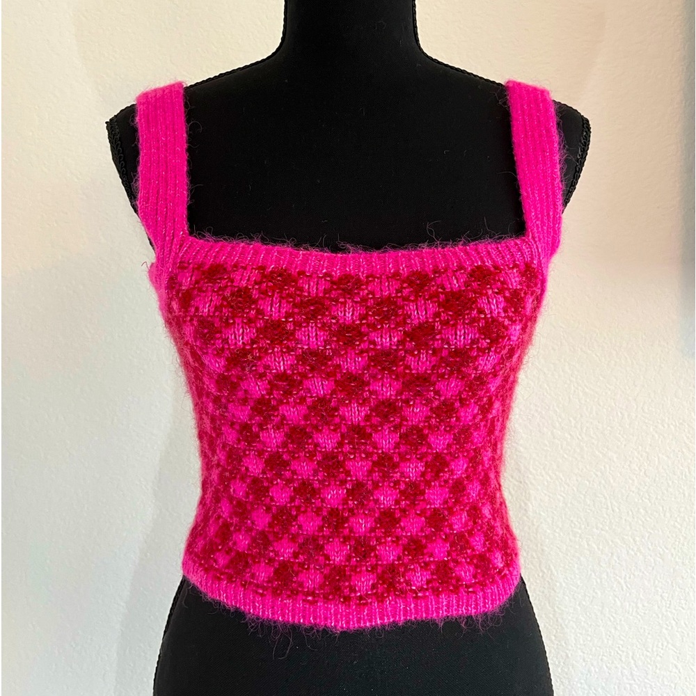 Zara Pink and Red Knit Houndstooth Print Square Neckline Crop Top